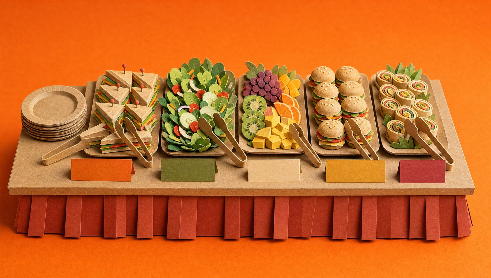 A paper catering buffet table lined with platters of sandwiches, salad, fruit and rolls, each with its own tongs and its own coloured card