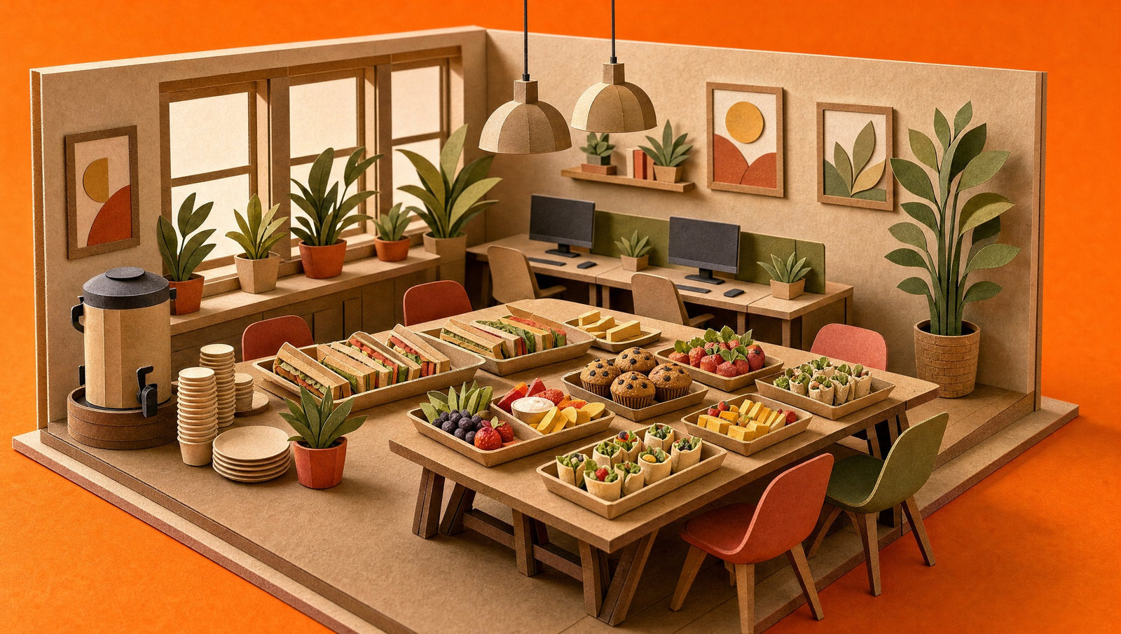 An office break room set up for a morning tea with kraft trays of sandwiches, finger food and fruit, a hot water urn and stacked cups, 3D papercraft illustration