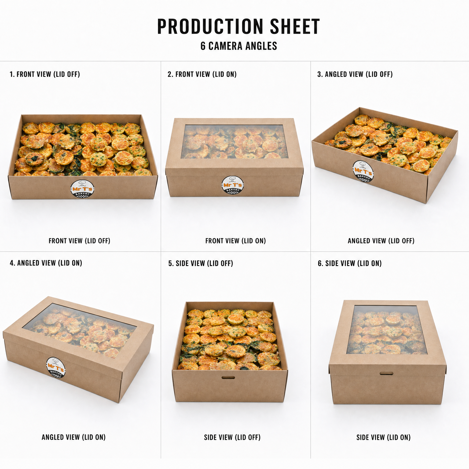 Mr T's Bakery Big Mini Frittatas Collection - 48 frittatas/box (GF) — multi-angle product sheet showing the catering box from several angles. Brisbane corporate & event catering.