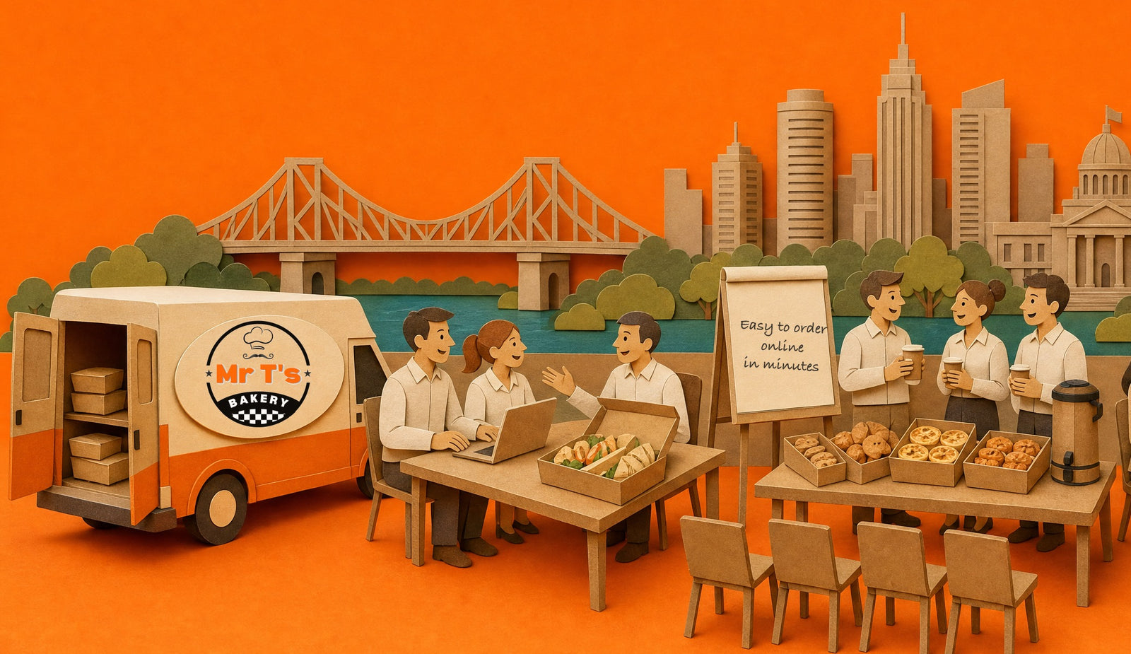 Mr T's Bakery delivery van and an office meeting with catering platters in Brisbane, 3D papercraft illustration