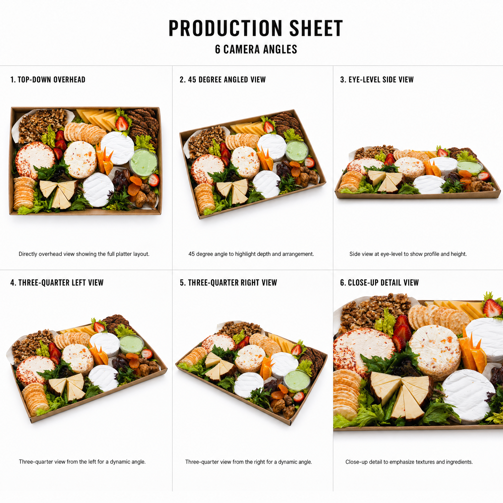 Mr T's Bakery Cheese Platter With Fruit And Crackers (VEG) — multi-angle product sheet showing the open catering platter from several angles. Brisbane grazing & platter catering.