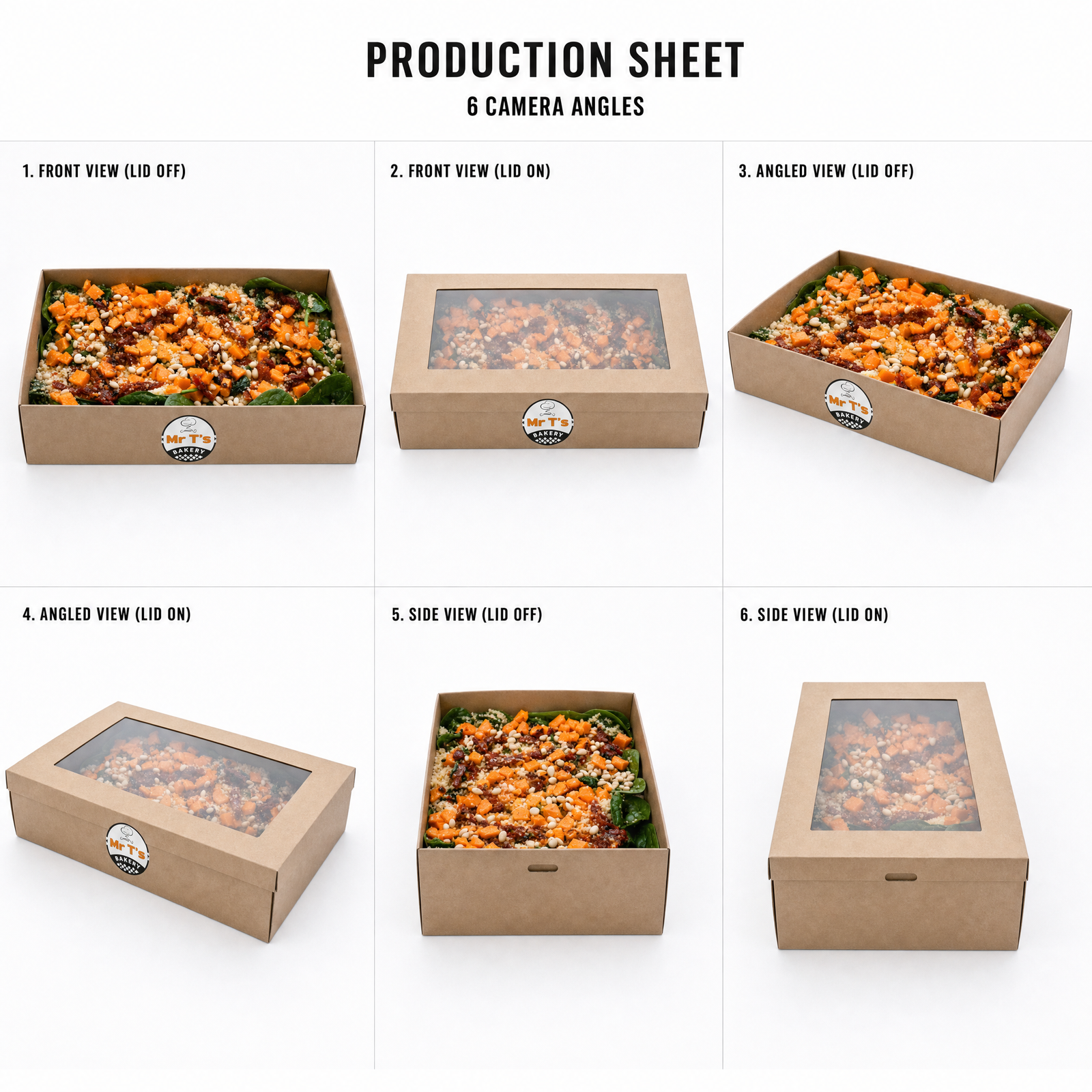 Mr T's Bakery Share Couscous Pumpkin Spinach Salad Box (DF)(VGN)(VEG) — multi-angle product sheet showing the catering box from several angles. Brisbane corporate & event catering.