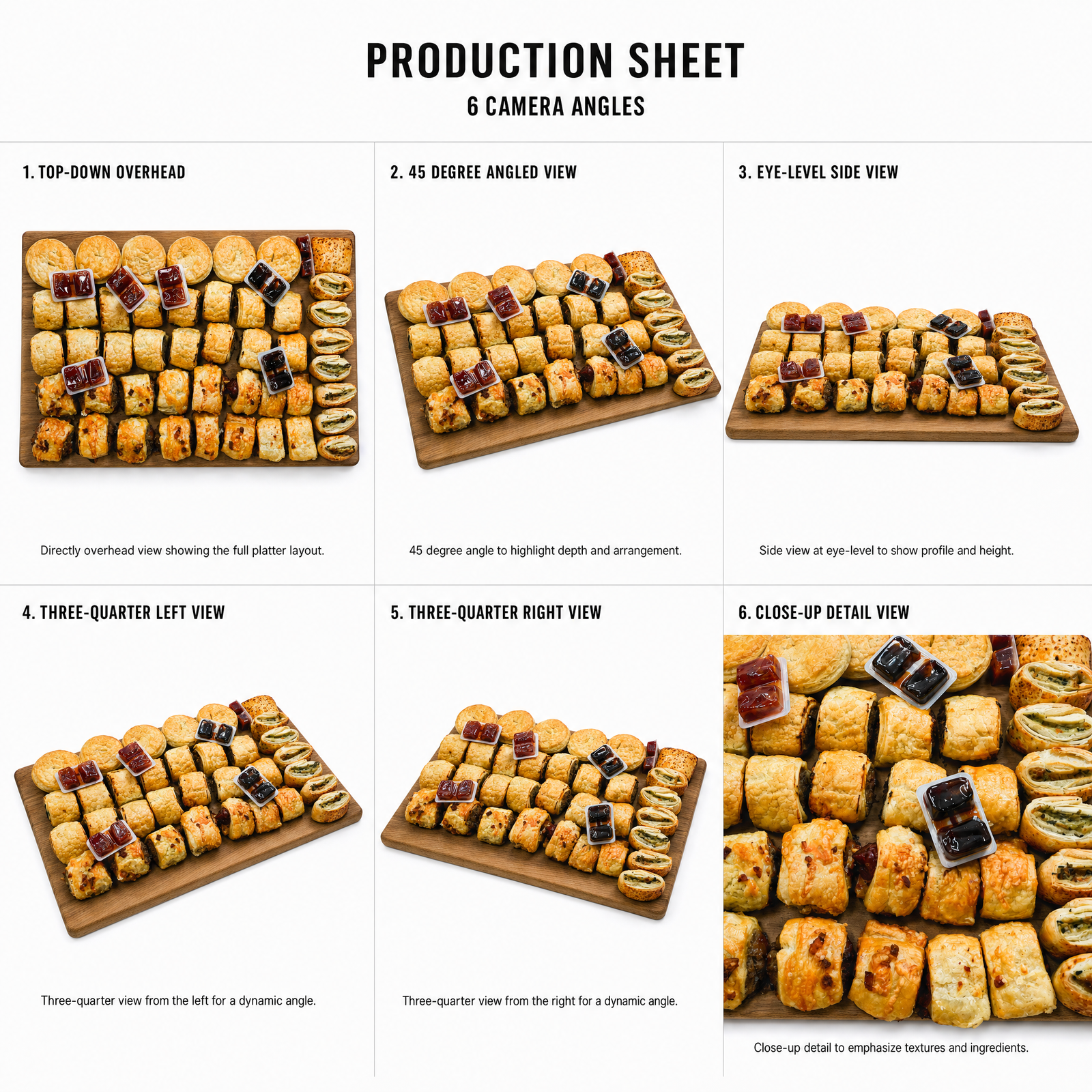 Mr T's Bakery Hot Pastry Finger Food Platter - 44 Pieces/Platter — multi-angle product sheet showing the open catering platter from several angles. Brisbane grazing & platter catering.