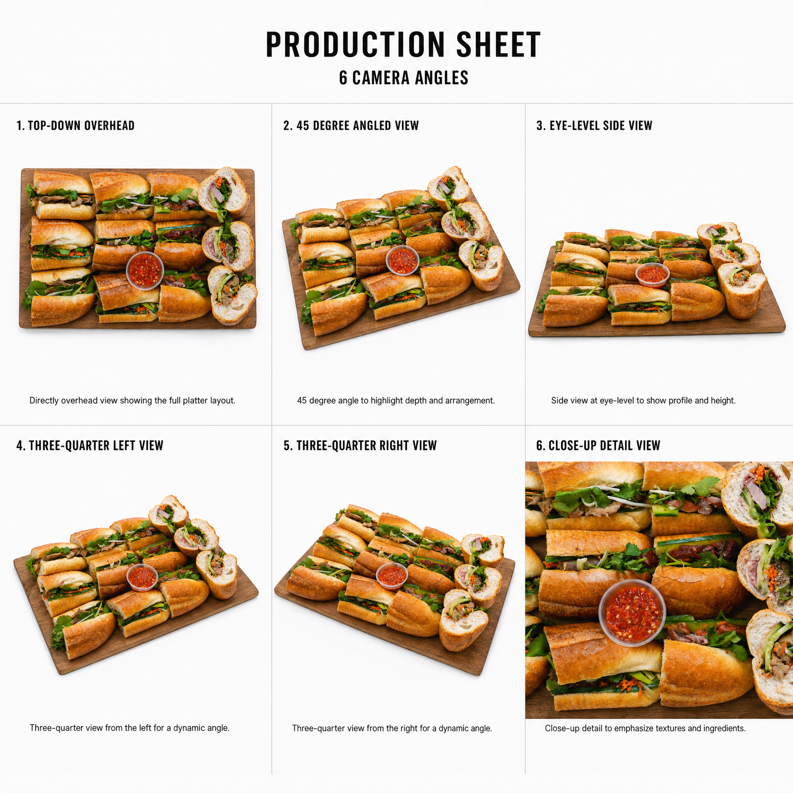 Mr T's Bakery Medium Banh Mi Platter - 12 Pairs/Platter — multi-angle product sheet showing the open catering platter from several angles. Brisbane grazing & platter catering.