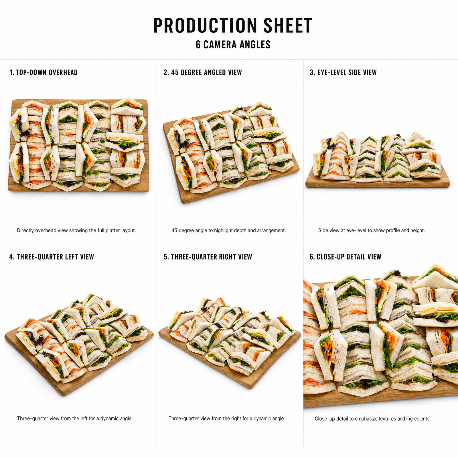Mr T's Bakery Medium Triangle Sandwich Platter - 36 Points/Platter — multi-angle product sheet showing the open catering platter from several angles. Brisbane grazing & platter catering.