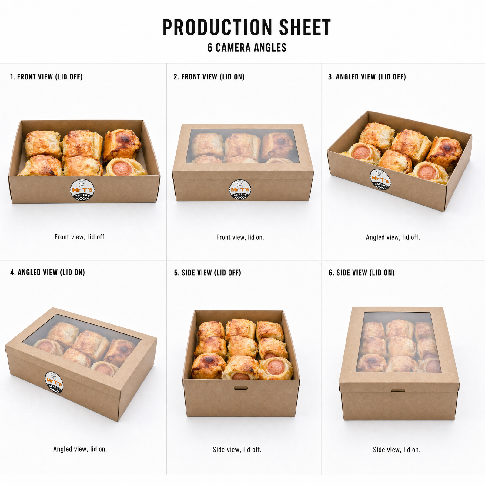 Mr T's Bakery Mini American Hot Dog Pastry Wraps — multi-angle product sheet showing the catering box from several angles. Brisbane corporate & event catering.