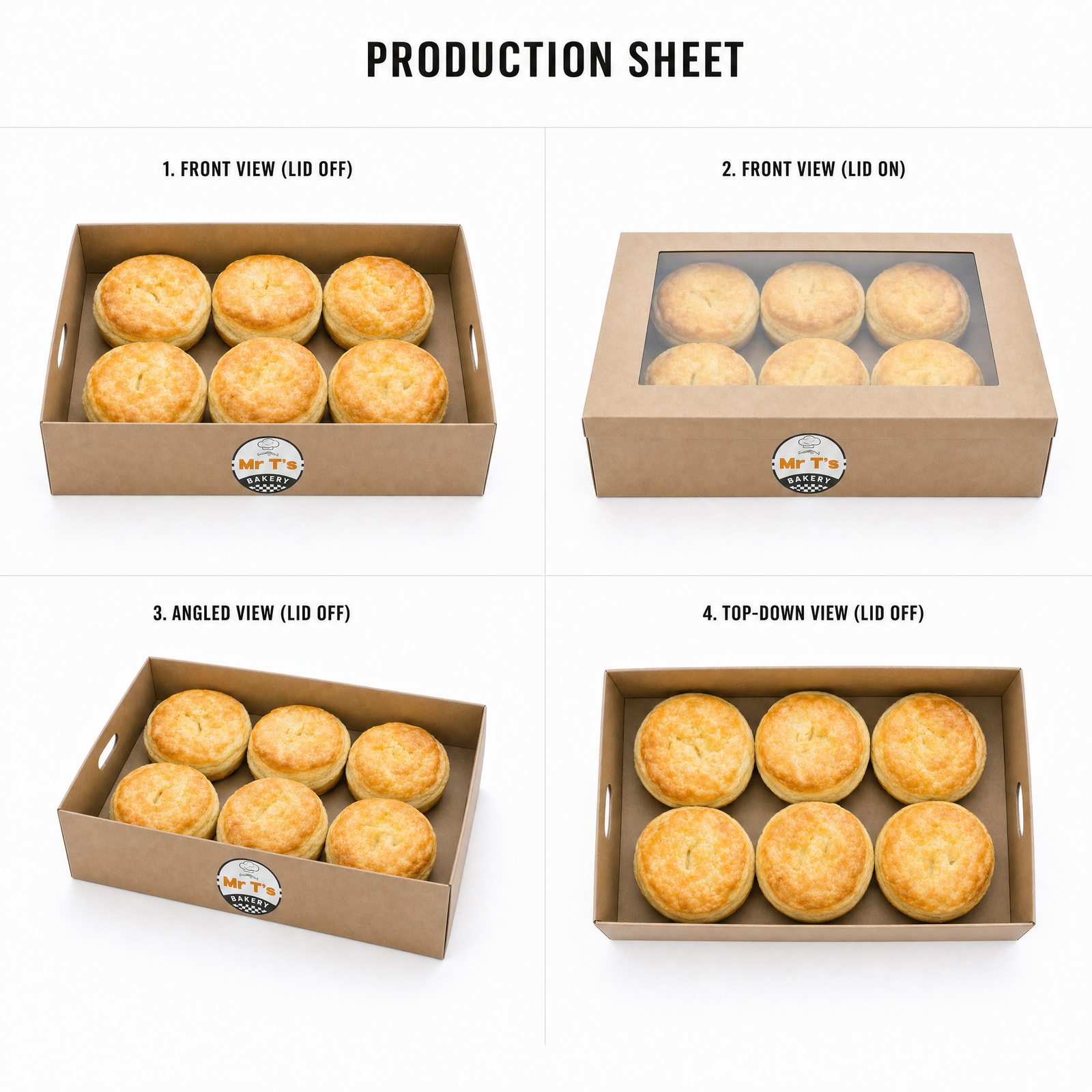 Mr T's Bakery Mini Beef Pies — multi-angle product sheet showing the catering box from several angles. Brisbane corporate & event catering.