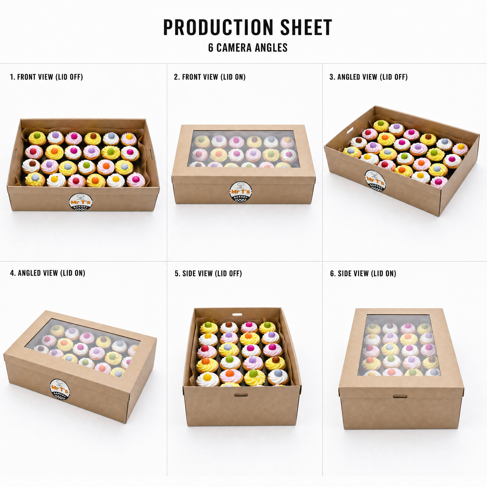 Mr T's Bakery Mini Cupcakes Box- 24 Mini Cupcakes/Box (VEG) — multi-angle product sheet showing the catering box from several angles. Brisbane corporate & event catering.