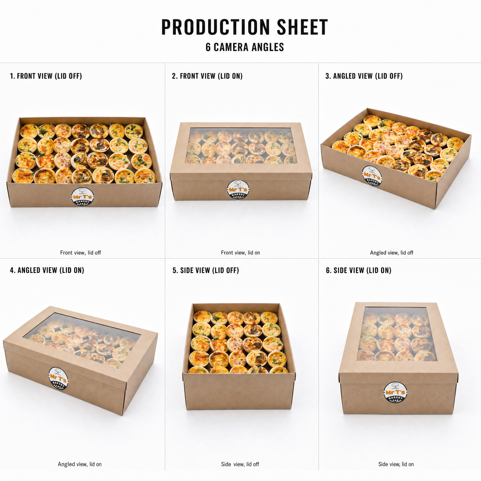 Mr T's Bakery Big Mini Quiches Collection - 40 quiches/box — multi-angle product sheet showing the catering box from several angles. Brisbane corporate & event catering.