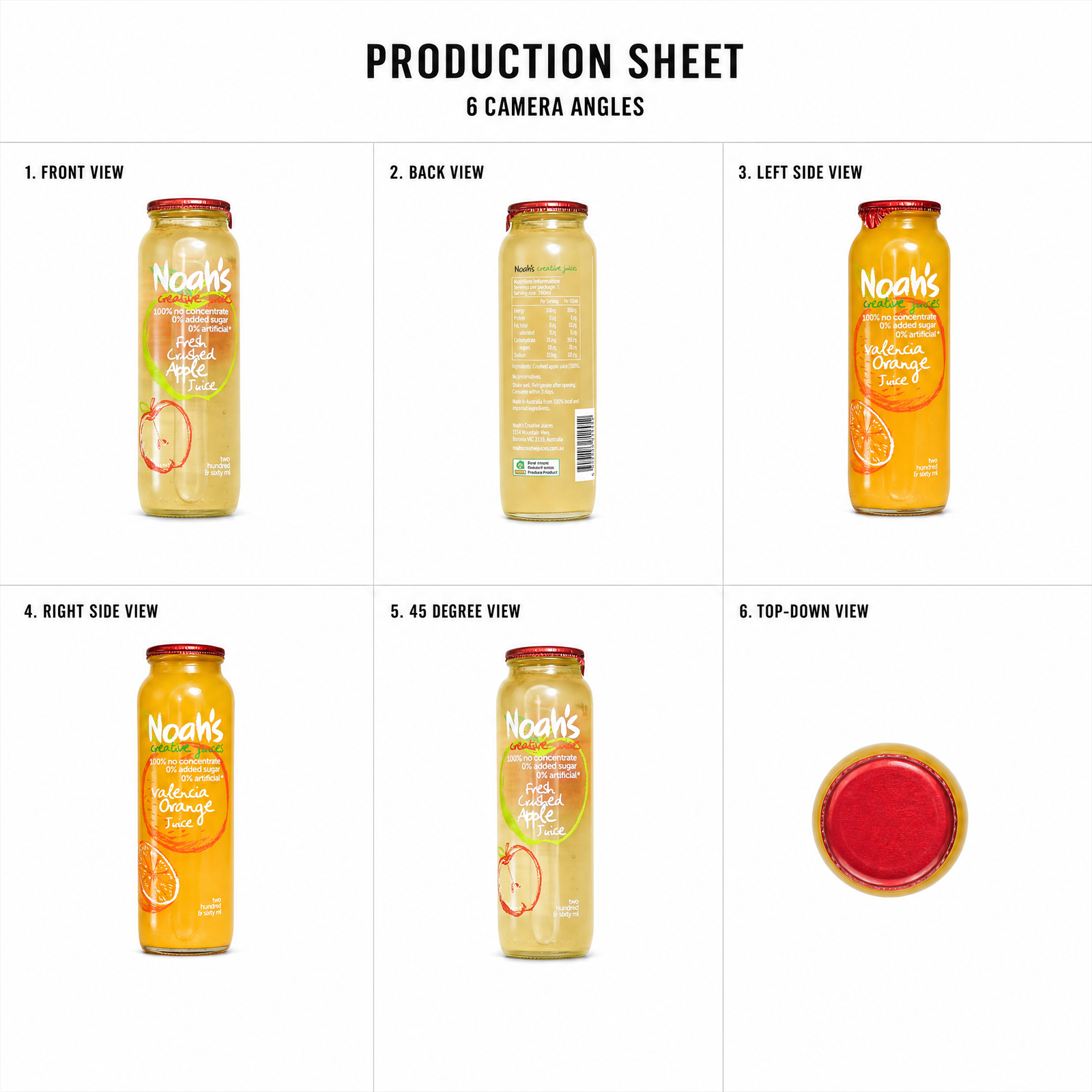 Mr T's Bakery Noah Creative Juice 260ml — multi-angle product sheet showing the drink from several angles. Brisbane catering drinks.