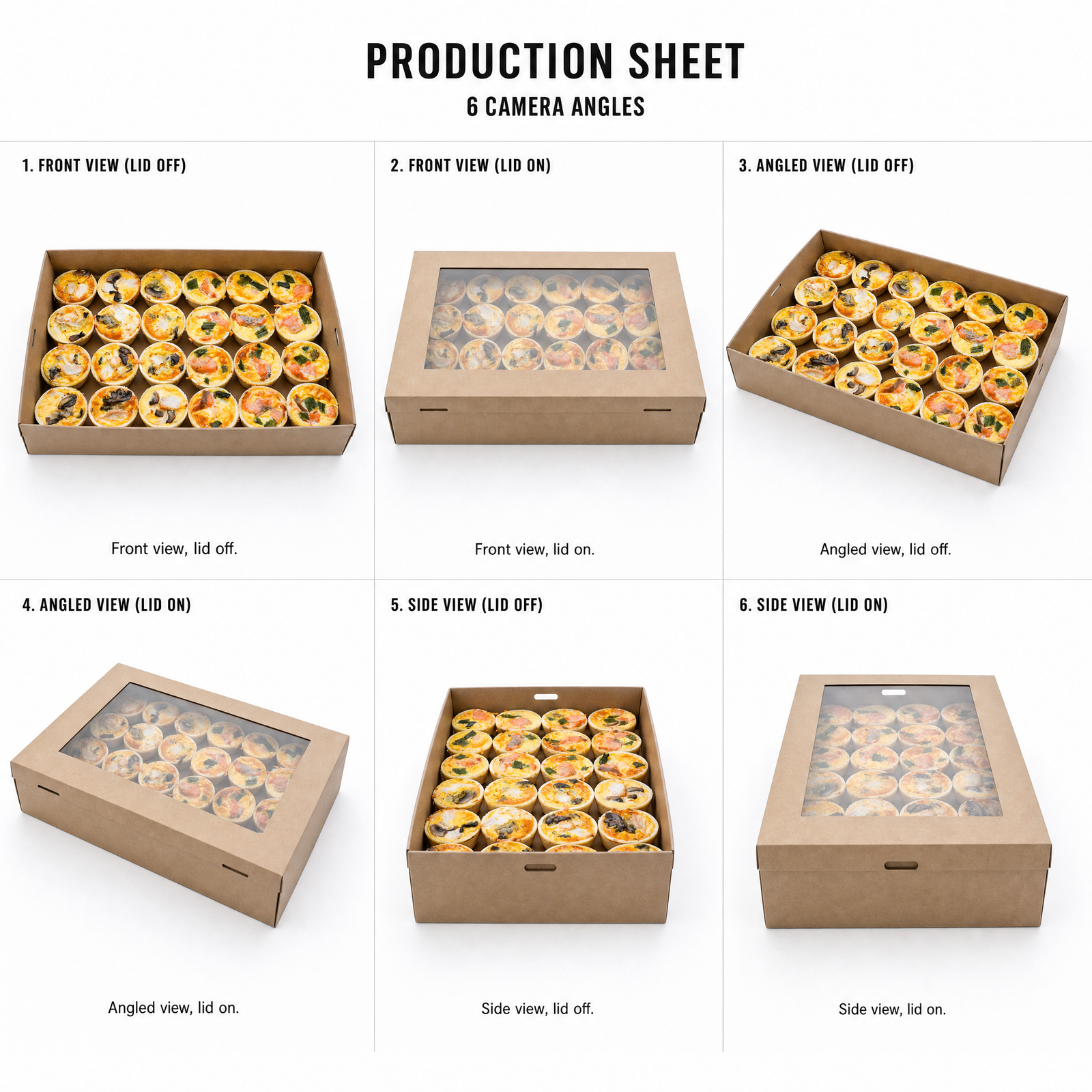 Mr T's Bakery Smoked Salmon And Chicken Mini Quiches Collection - 24 quiches/box — multi-angle product sheet showing the catering box from several angles. Brisbane corporate & event catering.