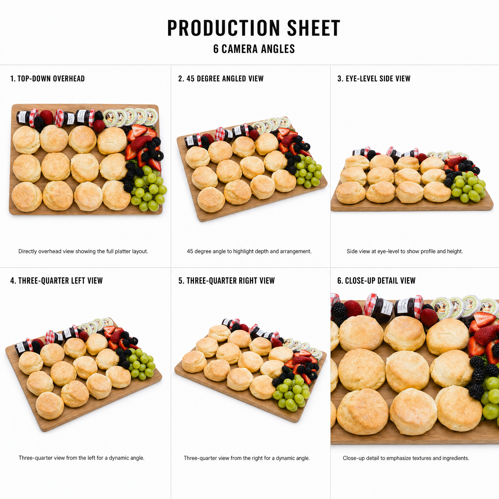 Mr T's Bakery Tea Time Scones and Fruit Platter (VEG) — multi-angle product sheet showing the open catering platter from several angles. Brisbane grazing & platter catering.