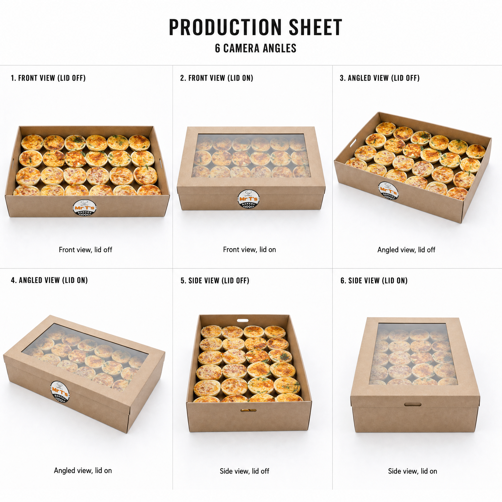 Mr T's Bakery Traditional Mini Quiches Collection - 24 Quiches/box — multi-angle product sheet showing the catering box from several angles. Brisbane corporate & event catering.