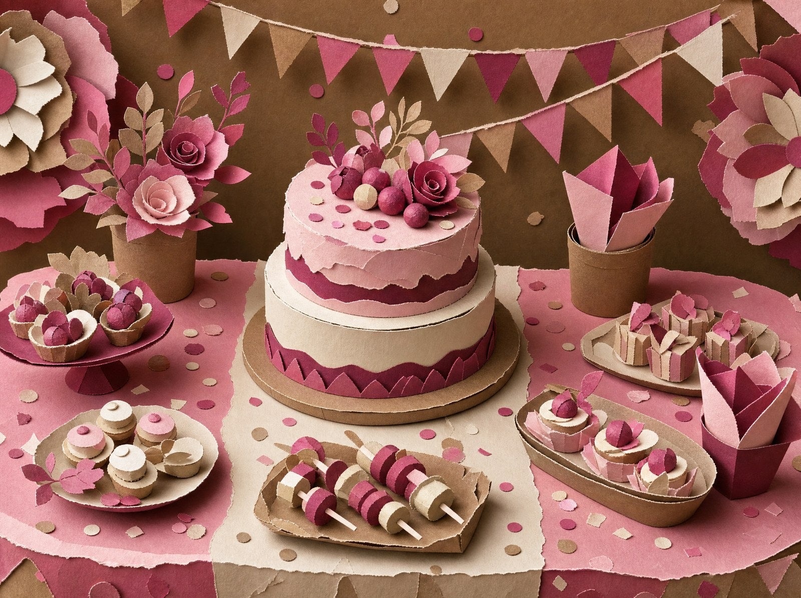 Papercraft scene of a celebration table with a cake and party food