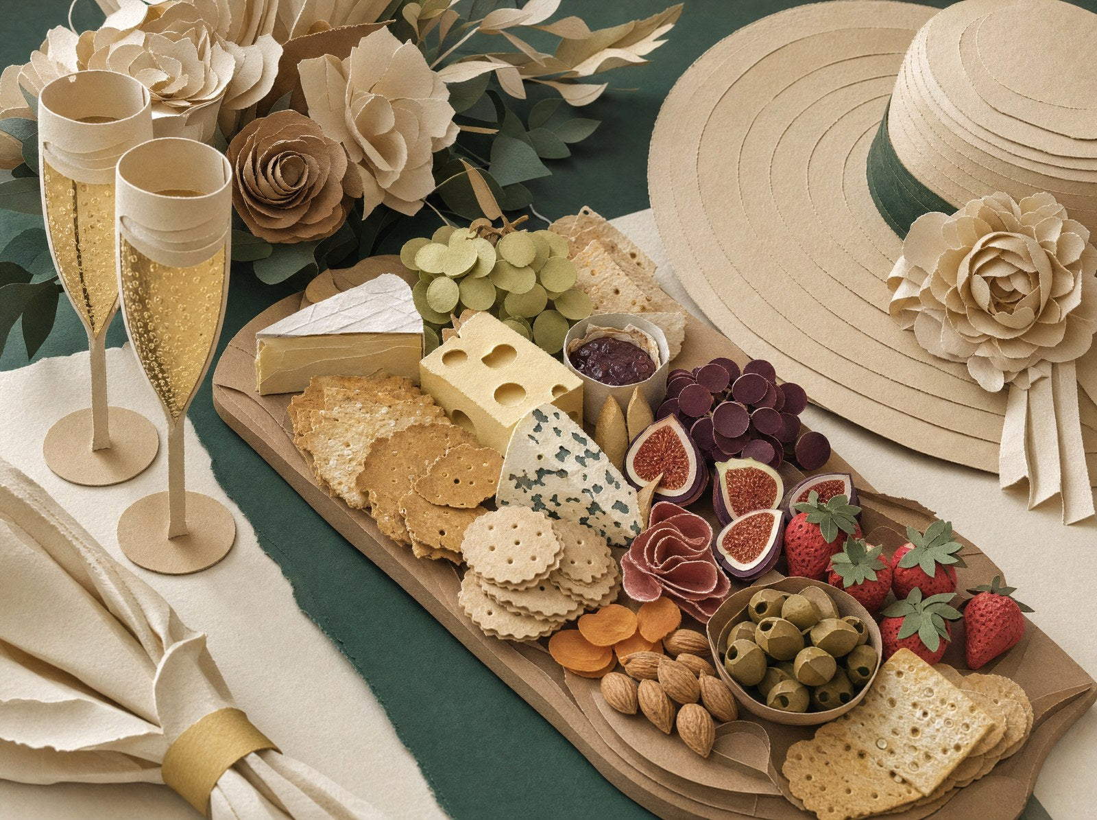 Papercraft scene of a race-day grazing board