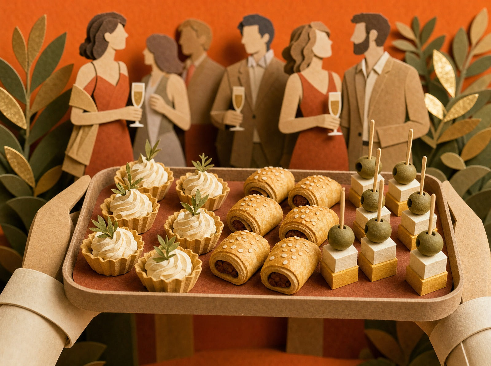 Papercraft scene of a tray of finger food being carried at a party