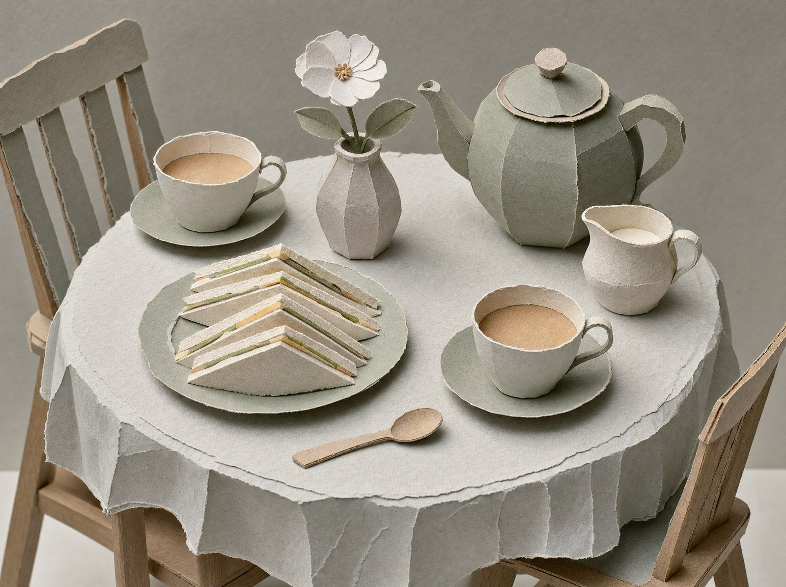 Papercraft scene of a quiet table set with sandwiches and tea