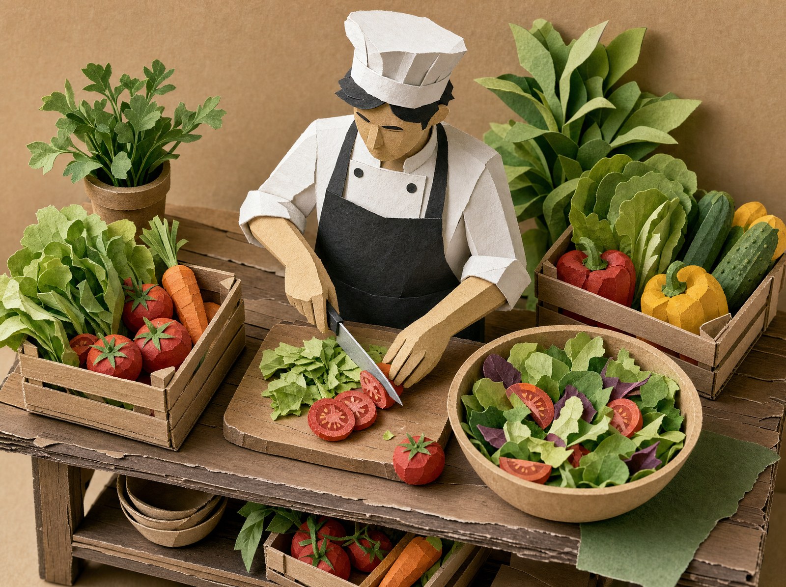 Papercraft scene of a chef chopping fresh vegetables