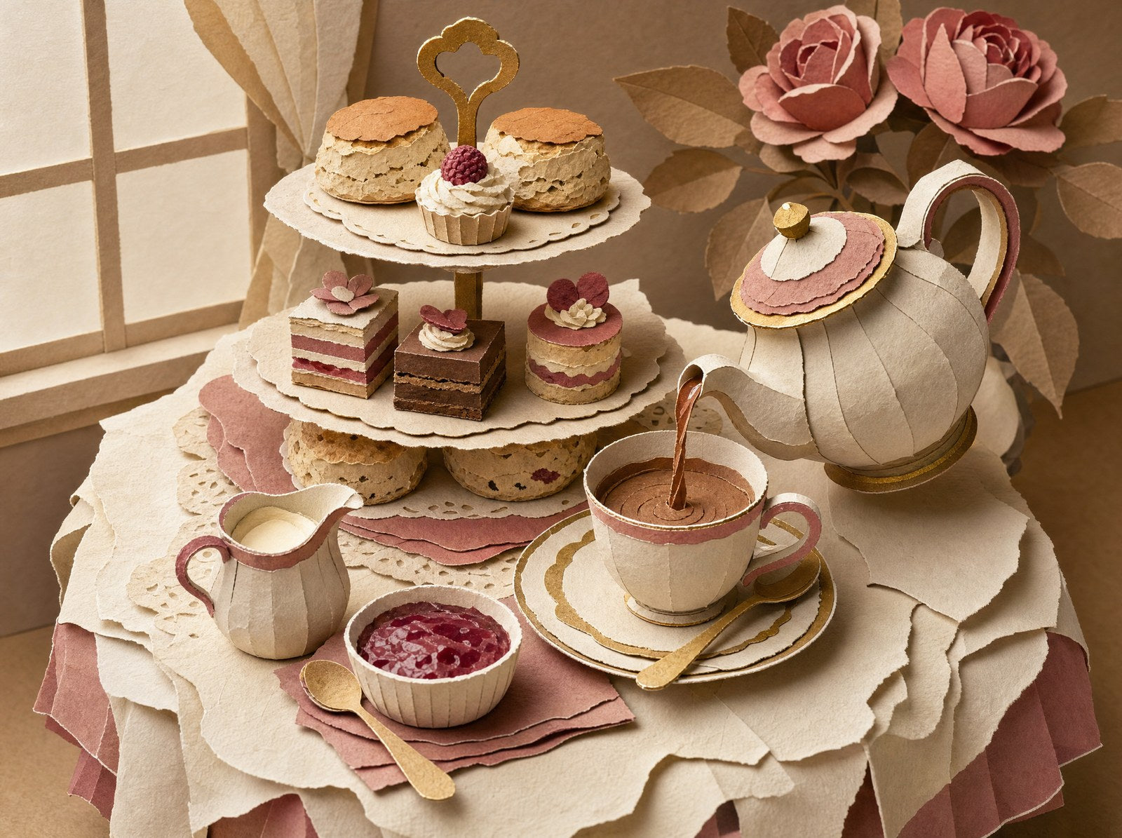Papercraft scene of an afternoon tea table with scones and a teapot