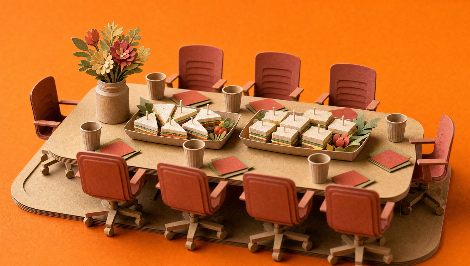 An office meeting table set for a team lunch with two kraft platters of sandwiches, cups and chairs, in 3D papercraft