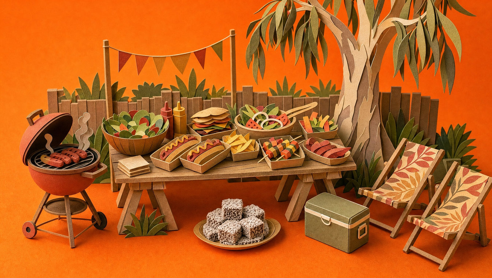 A papercraft Australia Day backyard spread with a barbecue, a trestle table of party food, an esky and deck chairs under a gum tree