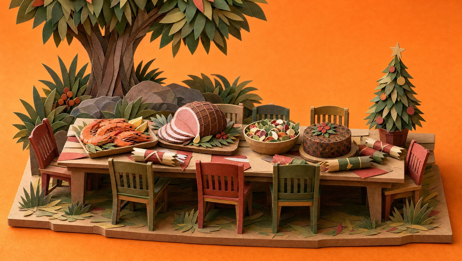 A long outdoor Australian Christmas lunch table under a shade tree laid with prawns, a glazed ham, a bowl of salad and a fruit cake, 3D papercraft illustration