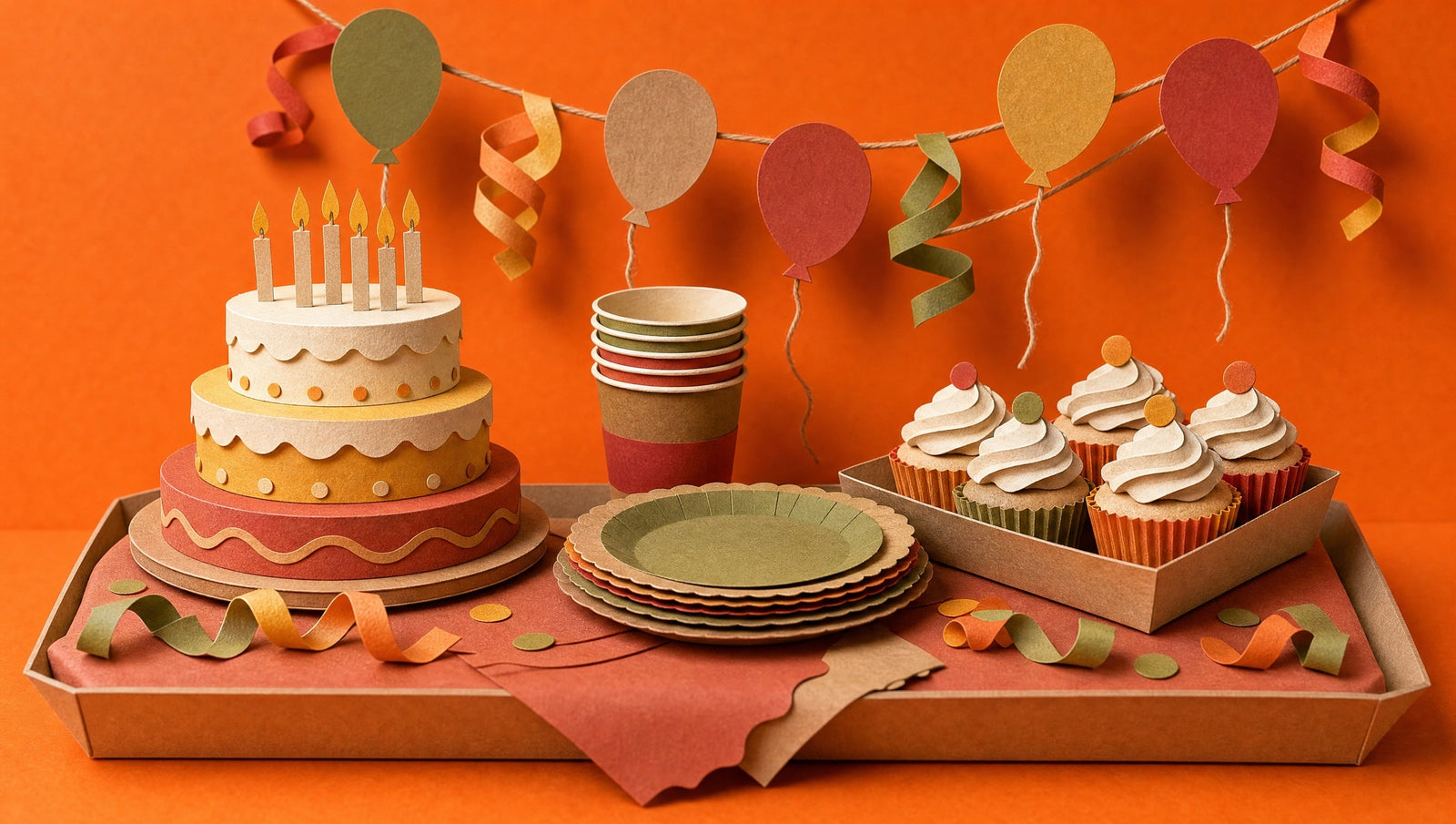 A papercraft birthday party table with a three-tier candlelit cake at one end and a kraft tray of cupcakes at the other