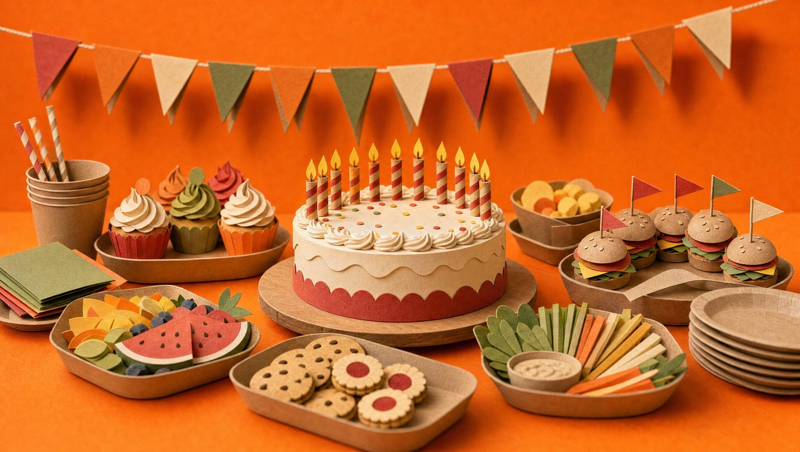 A papercraft birthday table with a candlelit cake in the centre and kraft trays of party food around it