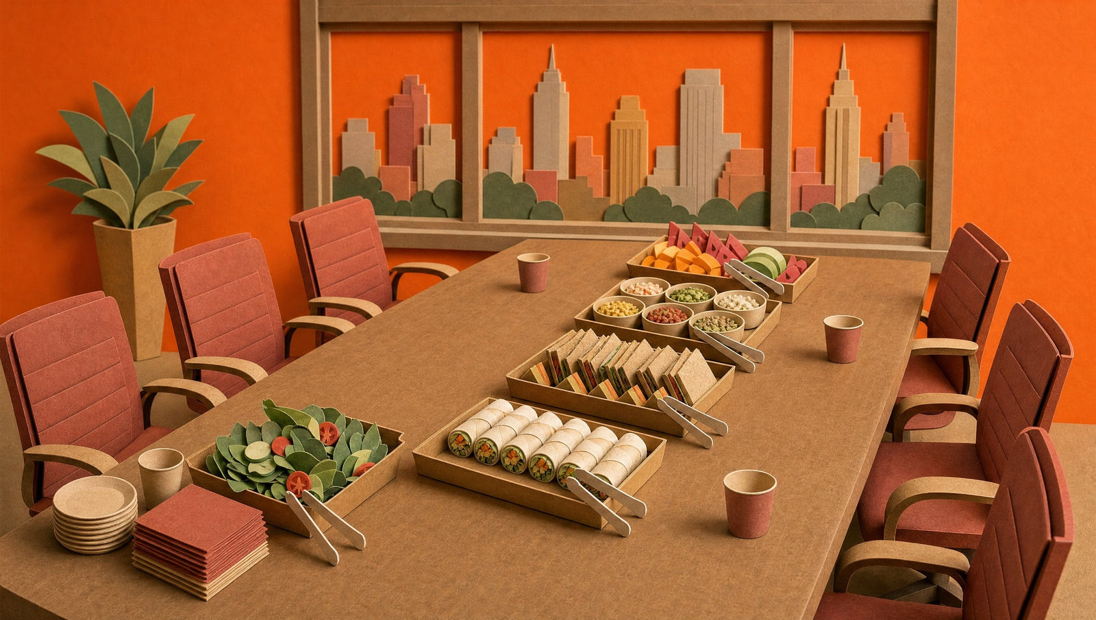 A long boardroom table laid for a catered lunch with separate kraft trays of salad, rice paper rolls, sandwich halves, grain bowls and cut fruit
