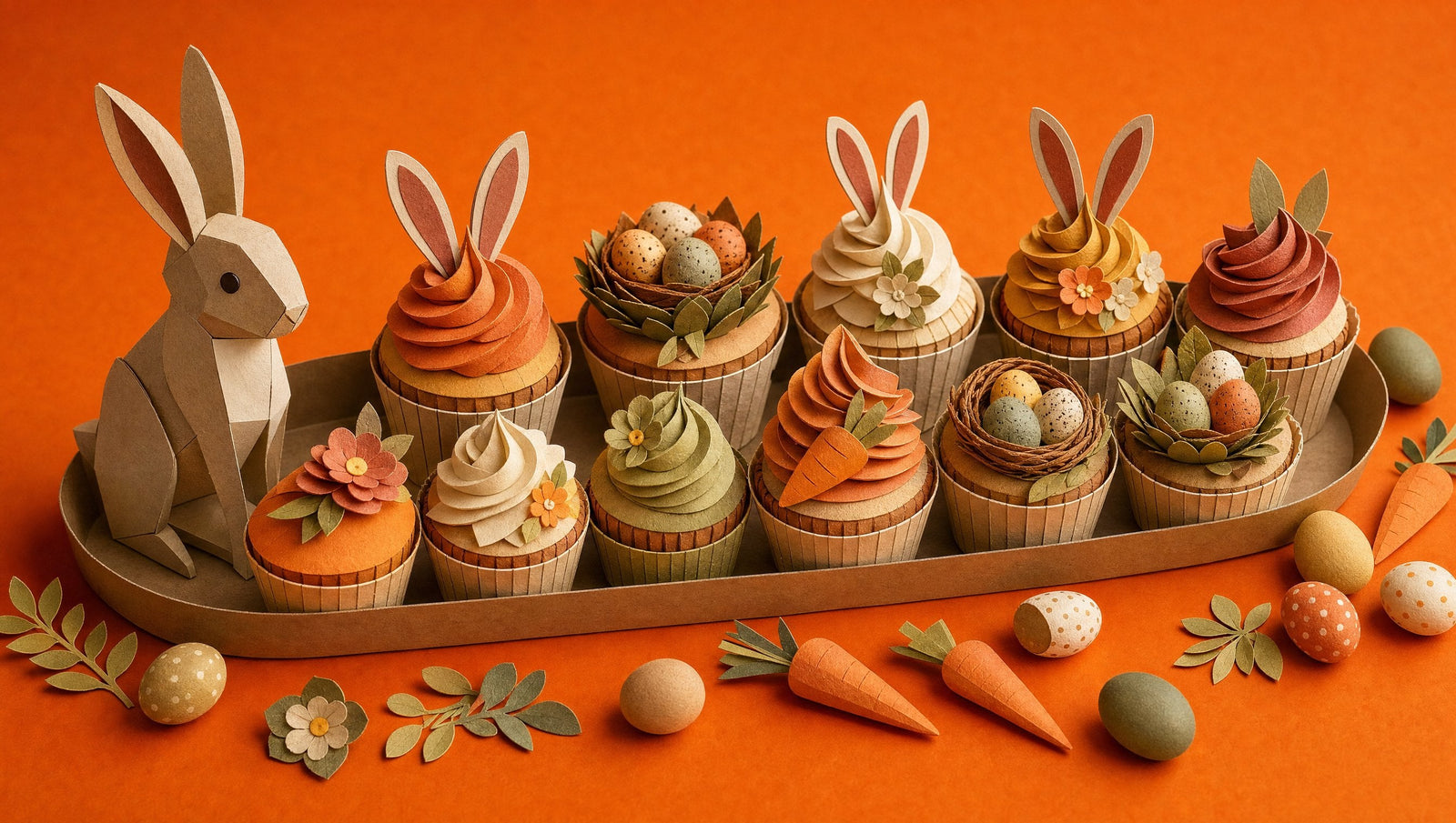 A long kraft paper tray of decorated Easter cupcakes with a paper rabbit, small speckled eggs and carrots beside it, 3D papercraft illustration