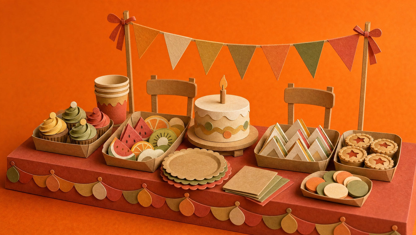 A first birthday party table laid with a candled cake, mini cupcakes, cut fruit, small sandwiches and party pies, 3D papercraft illustration