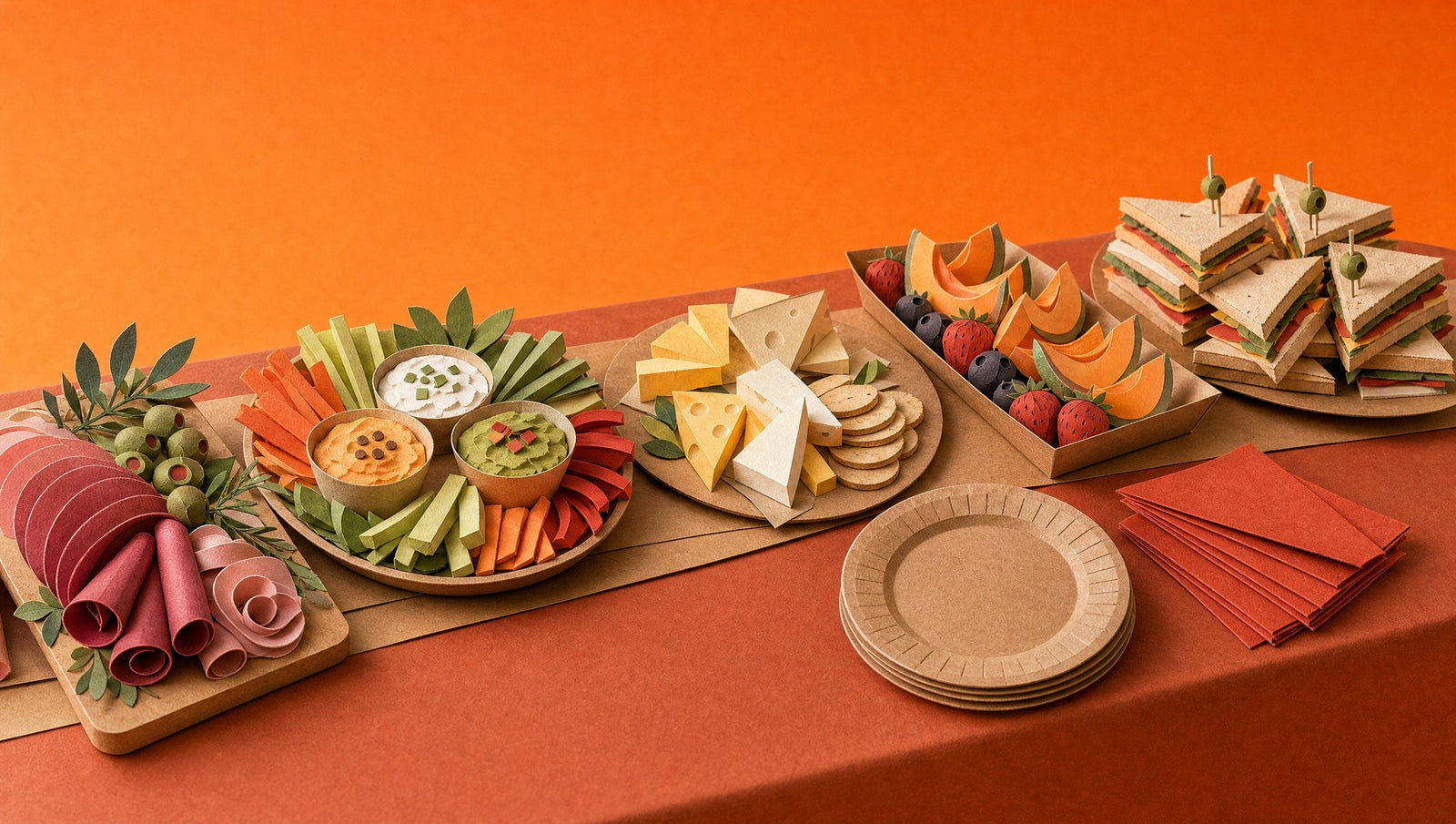 A long catering table laid with meat, dip, cheese, fruit and sandwich platters, illustrated as a 3D papercraft diorama