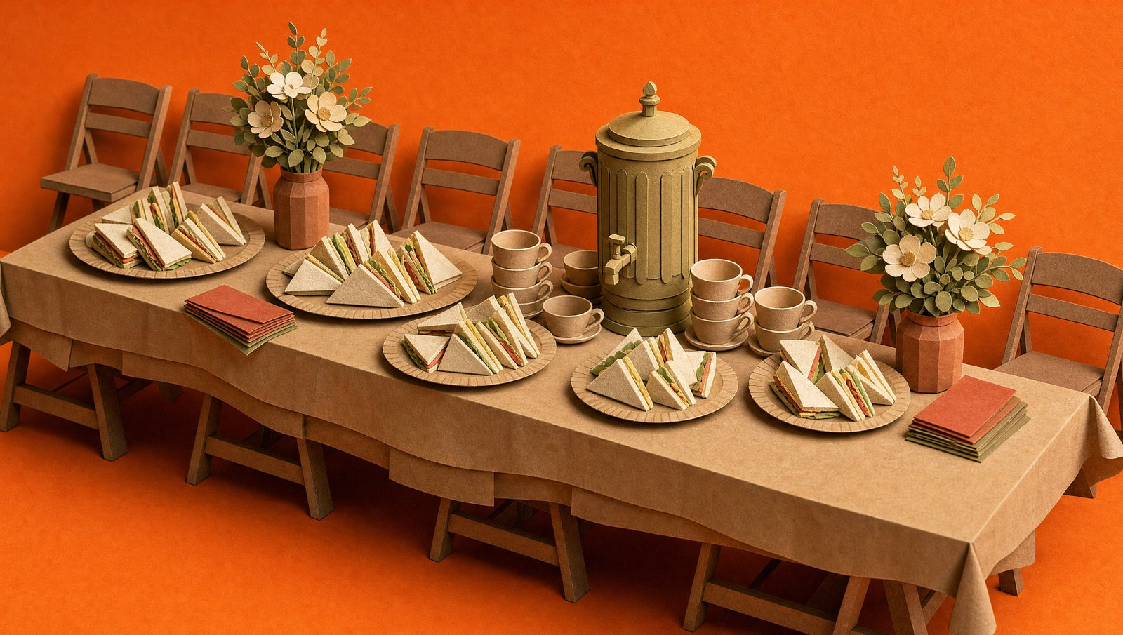 A long trestle table in a hall laid out for a wake, with kraft platters of sandwich halves, a tea urn and rows of cups