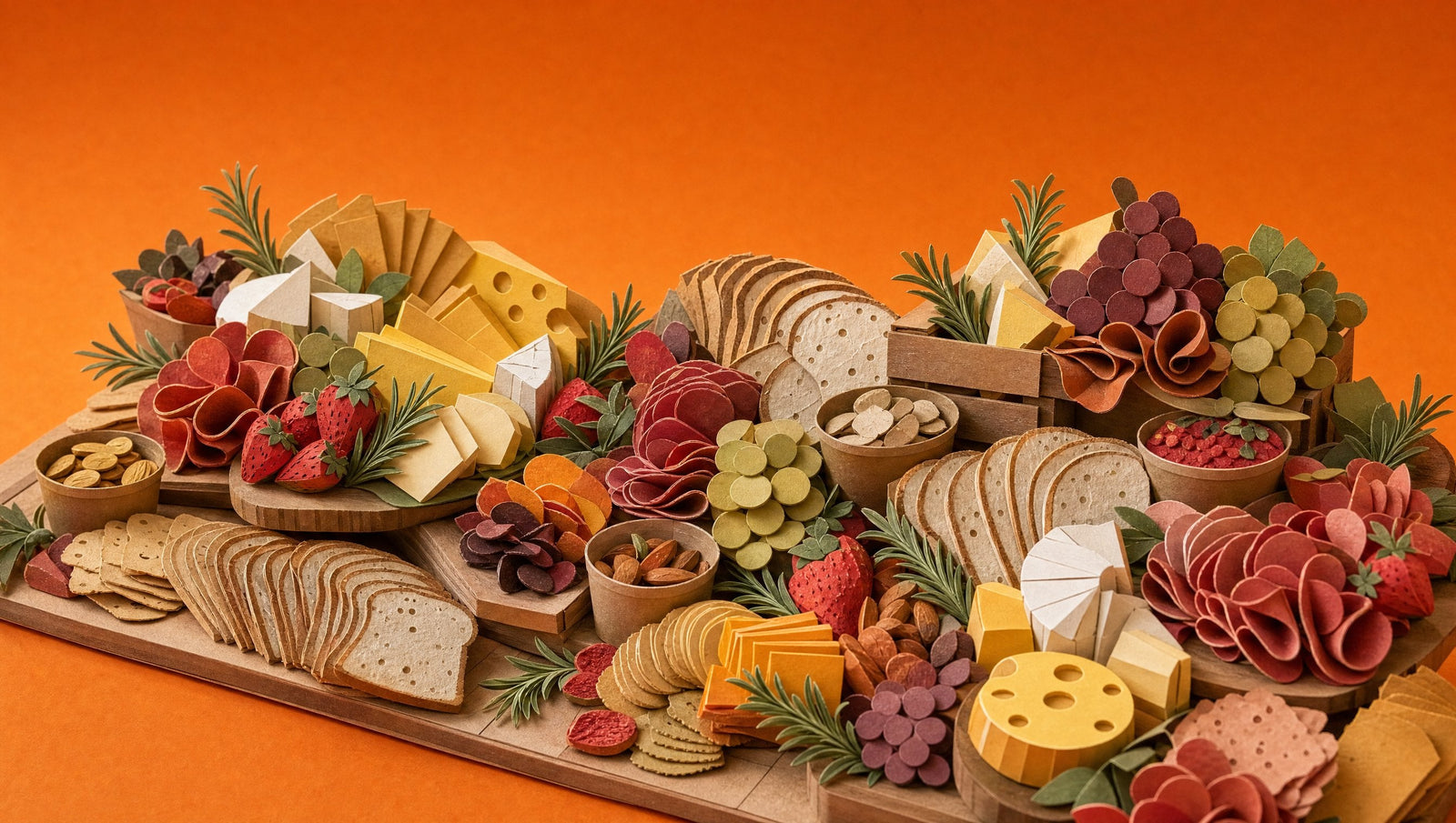 A long grazing table built from cheese, folded cured meats, fruit, crackers, dips and herbs, shown as a 3D papercraft scene