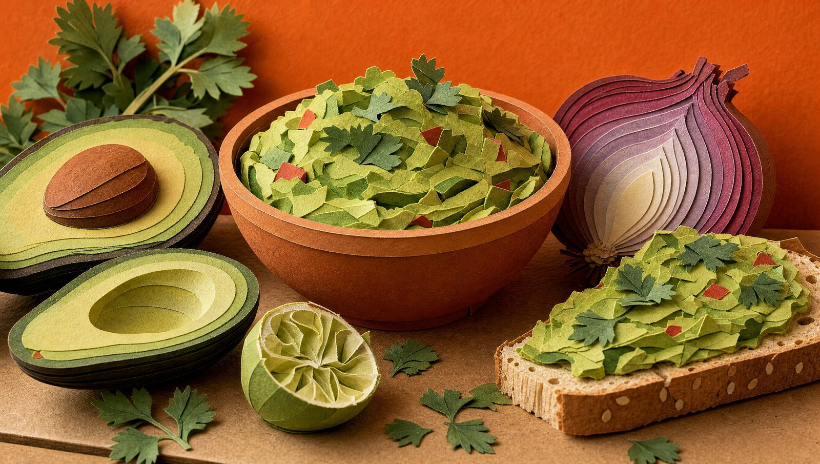 A bowl of fresh guacamole surrounded by avocados, lime, onion and coriander, 3D papercraft illustration