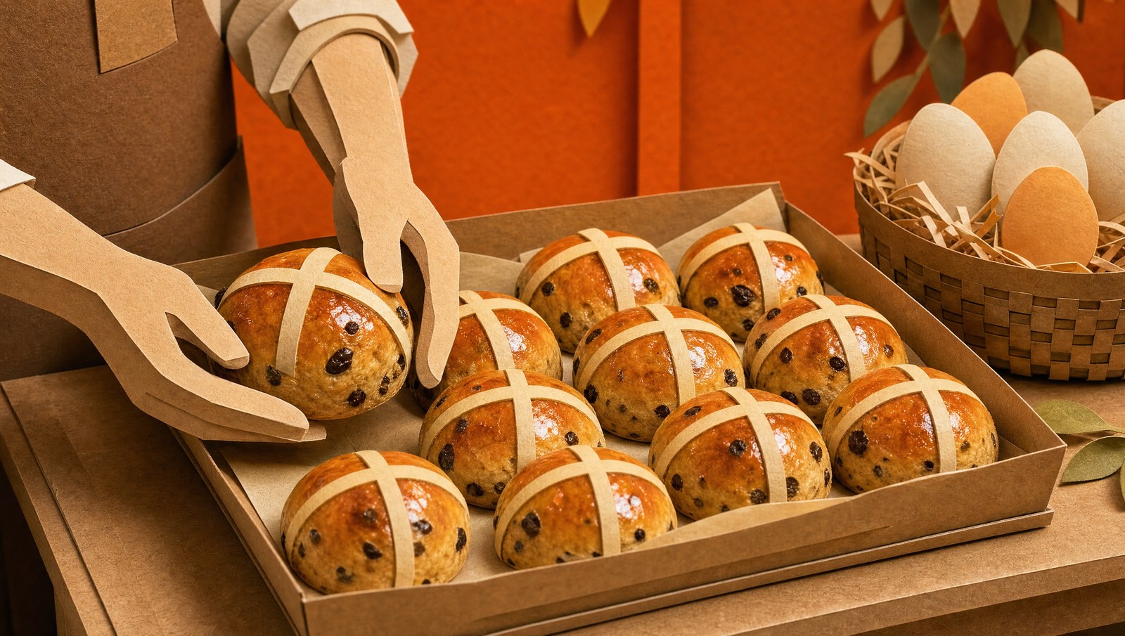 A tray of glossy hot cross buns fresh from the oven on a bakery bench, 3D papercraft illustration