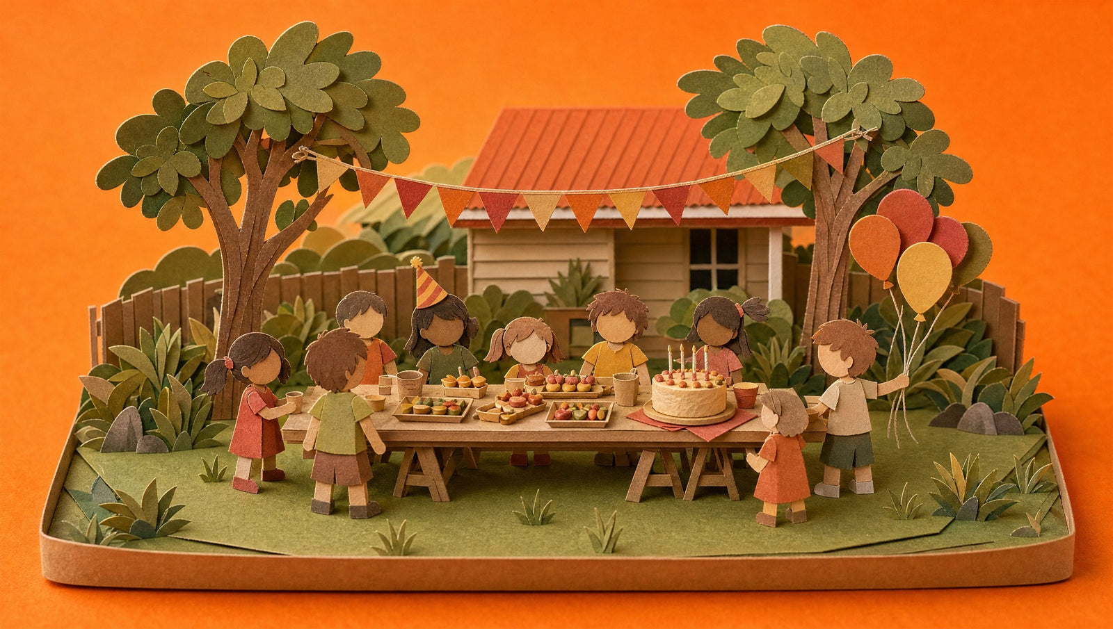 A backyard birthday party at an Australian home with a long table of party food, a birthday cake and paper bunting between the trees