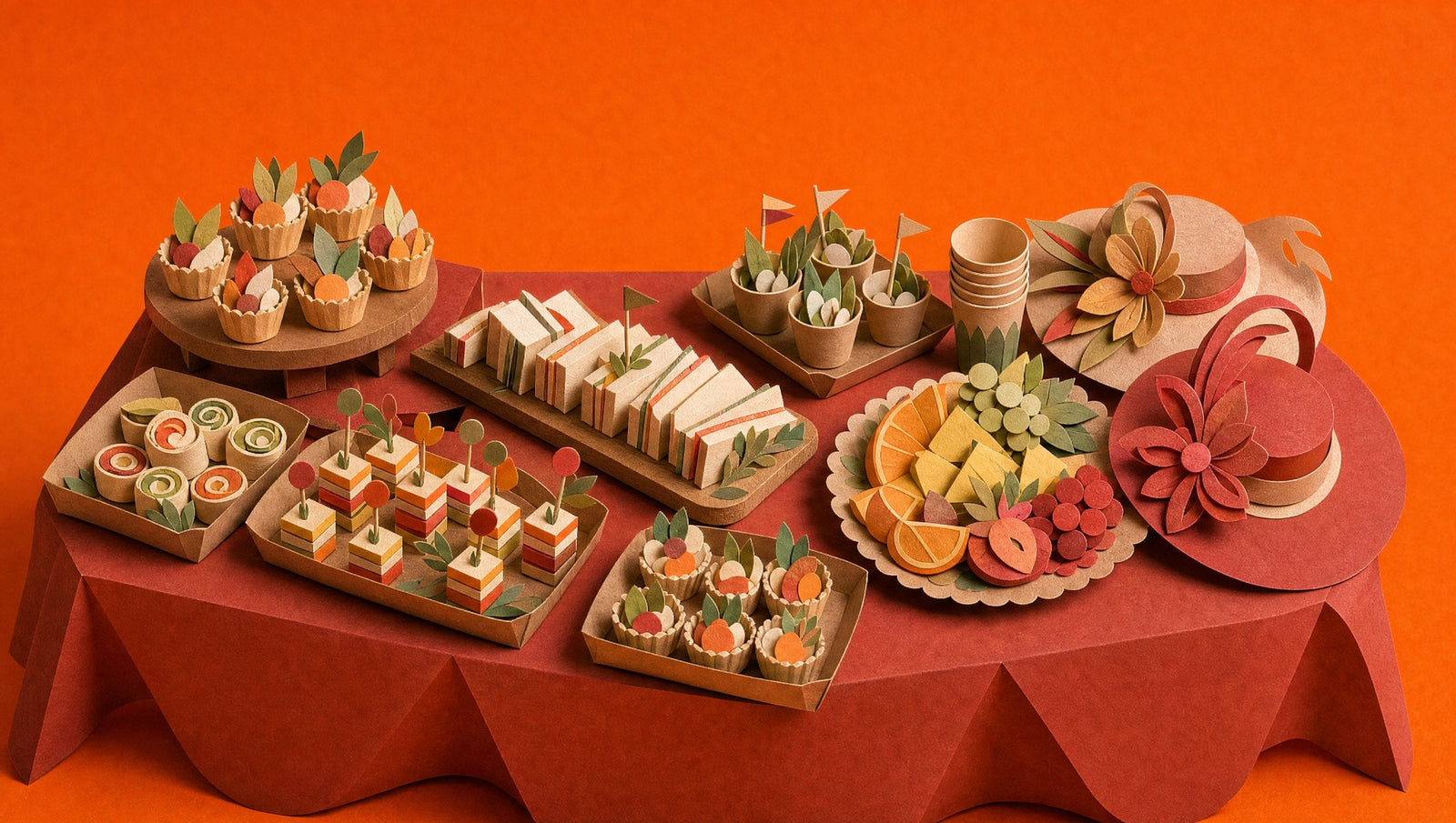 A long Melbourne Cup race day table laid with kraft trays of finger food, sandwiches, a fruit platter and two fascinator hats, 3D papercraft illustration