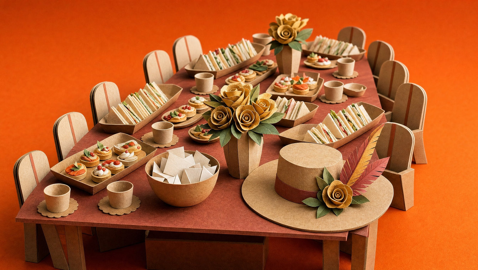 A long office table laid out for a Melbourne Cup lunch with kraft trays of sandwiches and finger food, paper cups, gold paper roses and a bowl of folded sweep tickets