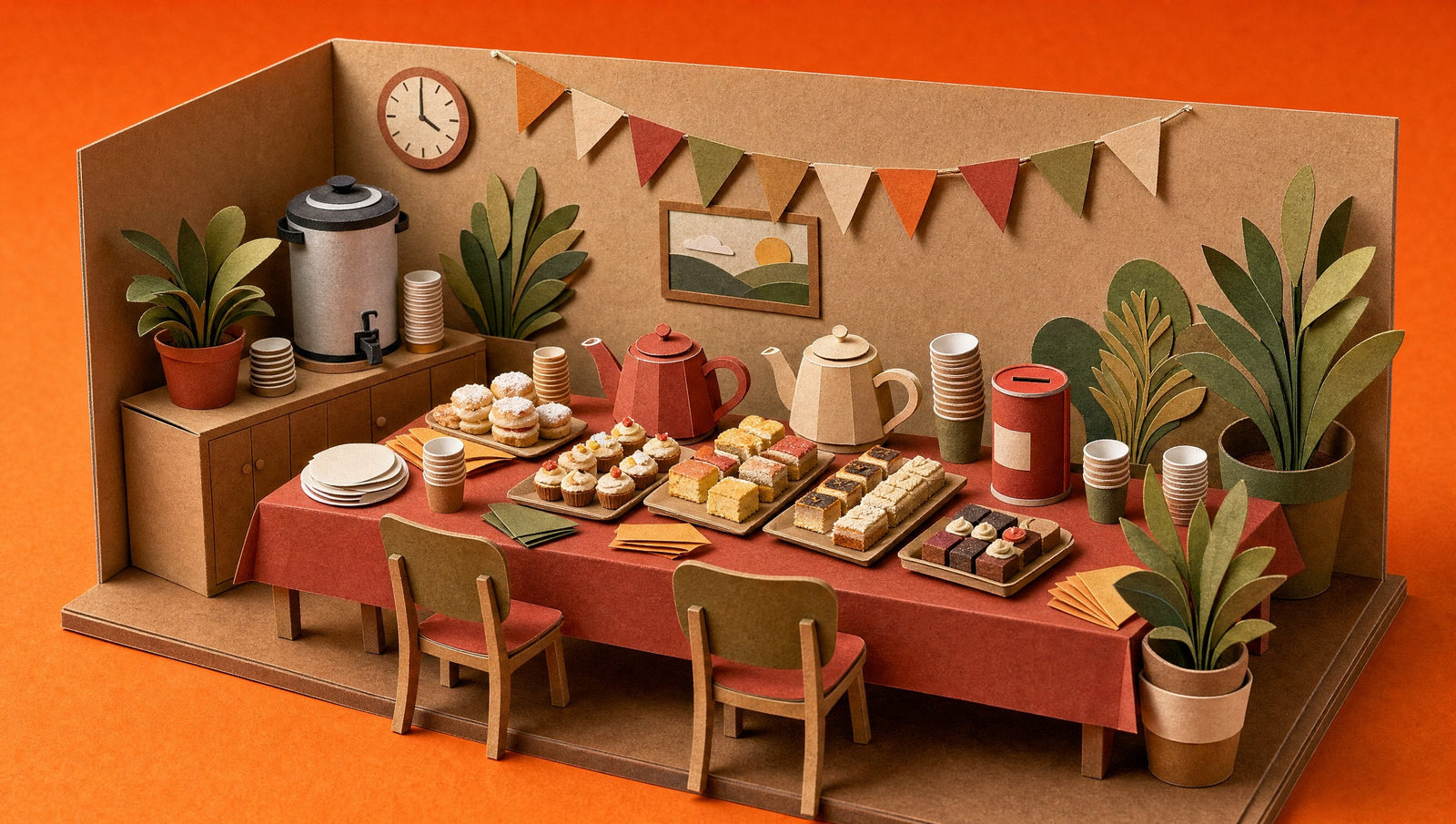 An office morning tea laid out on a long table with teapots, a hot water urn, trays of scones and slices and a donation tin, 3D papercraft illustration