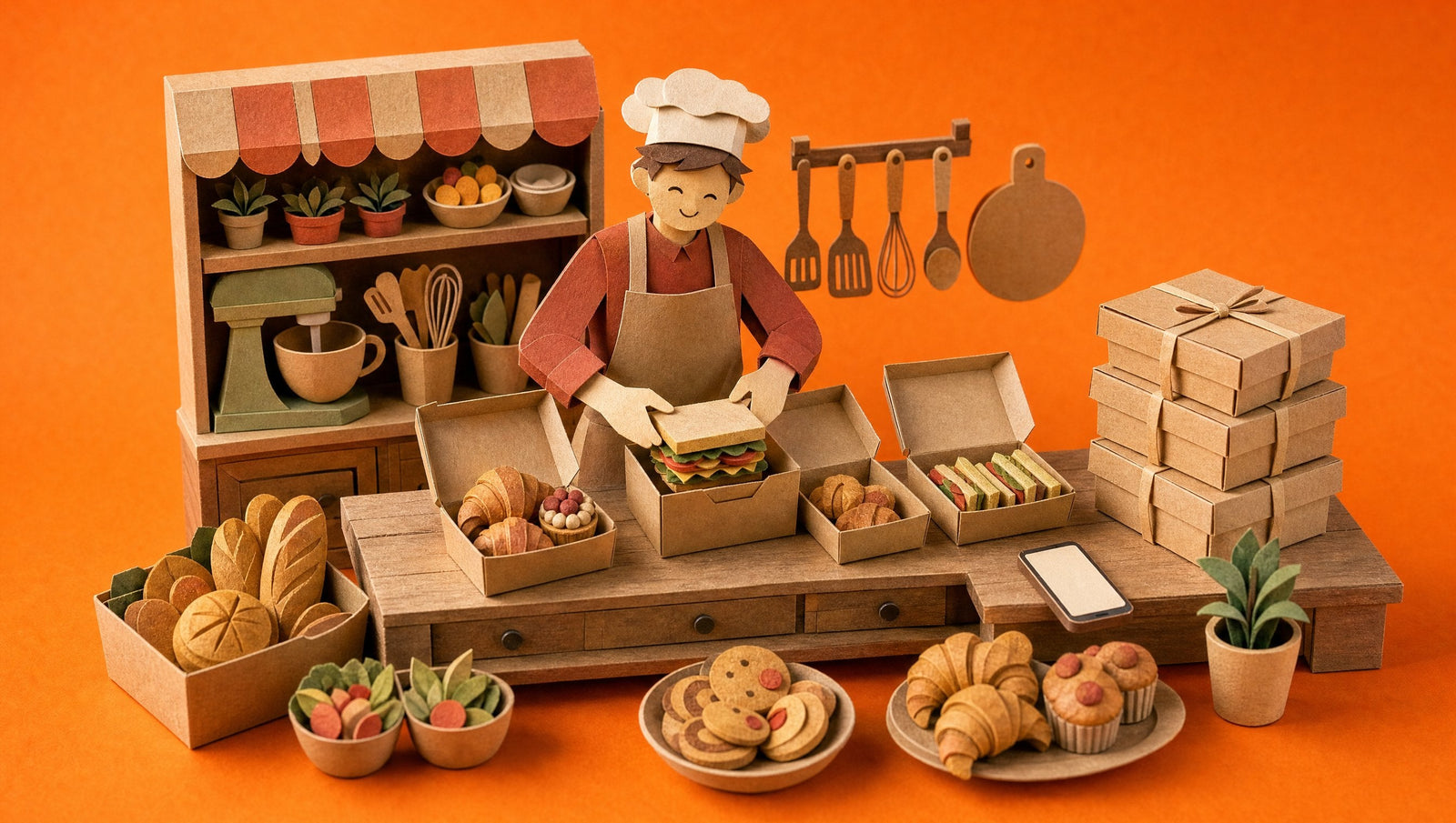 A baker packing kraft catering boxes of sandwiches and pastries for an office delivery, 3D papercraft illustration