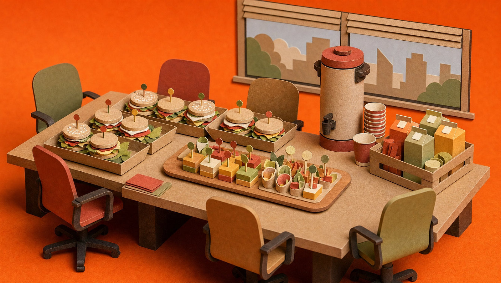 A papercraft office boardroom table laid with kraft trays of sandwiches and finger food, a coffee urn, paper cups and a crate of juice cartons