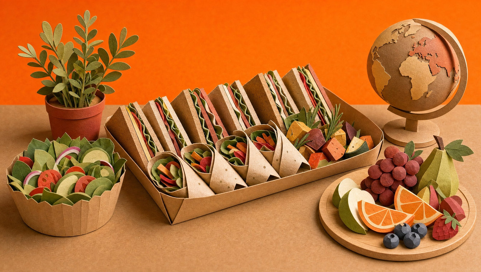 A paper office lunch table with a kraft platter of sandwiches and wraps, a salad bowl, a fruit board, a potted herb and a paper globe