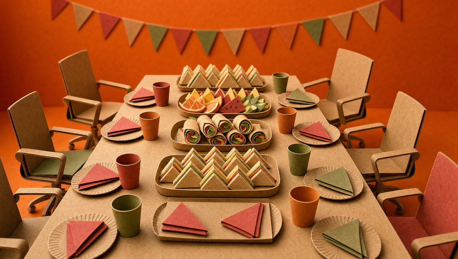 An office meeting table laid for a last-minute party with kraft platters of sandwiches, wraps and cut fruit, 3D papercraft illustration