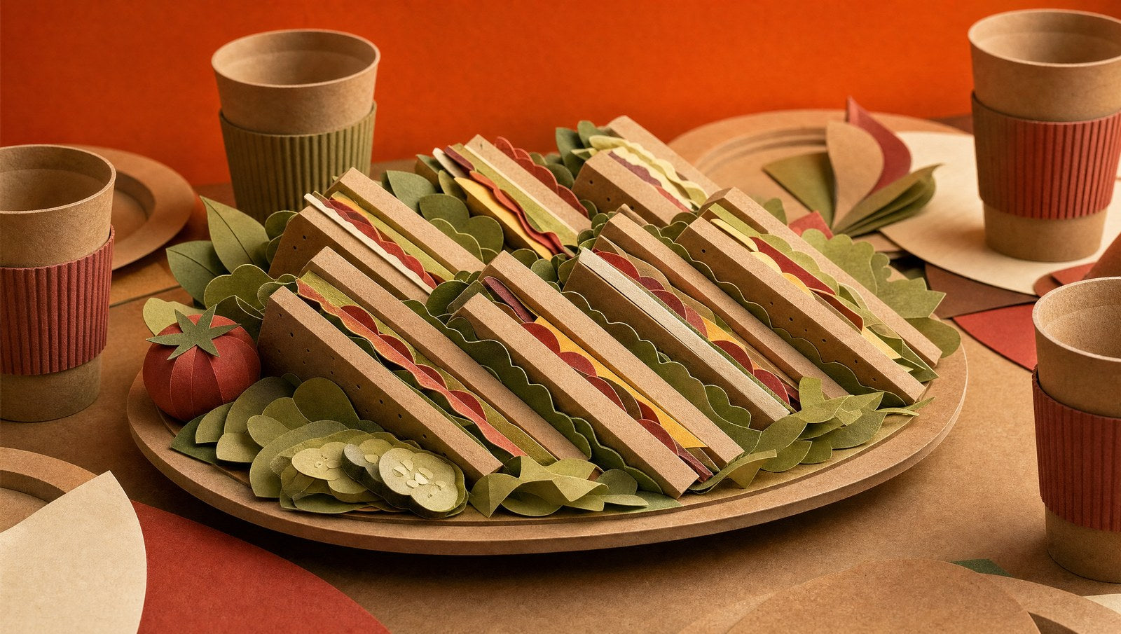 A large sandwich platter on an office meeting table with plates and coffee cups, 3D papercraft illustration