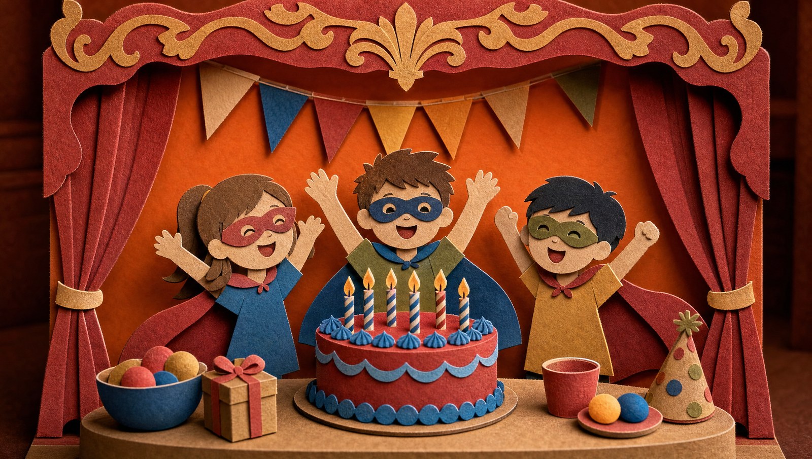 A child's birthday party with a bold red and blue superhero cake and children in paper capes, 3D papercraft illustration