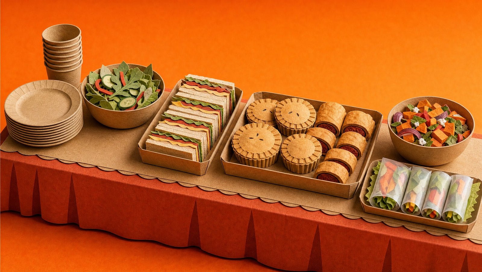 A long office lunch table laid with kraft trays of sandwiches, party pies, sausage rolls, salads and rice paper rolls
