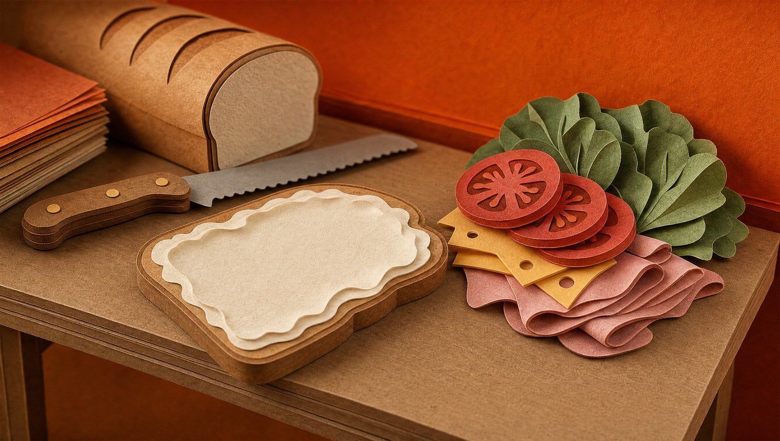 A sandwich being built on a bakery bench with ruffled ham, cheese, tomato and leaves, 3D papercraft illustration