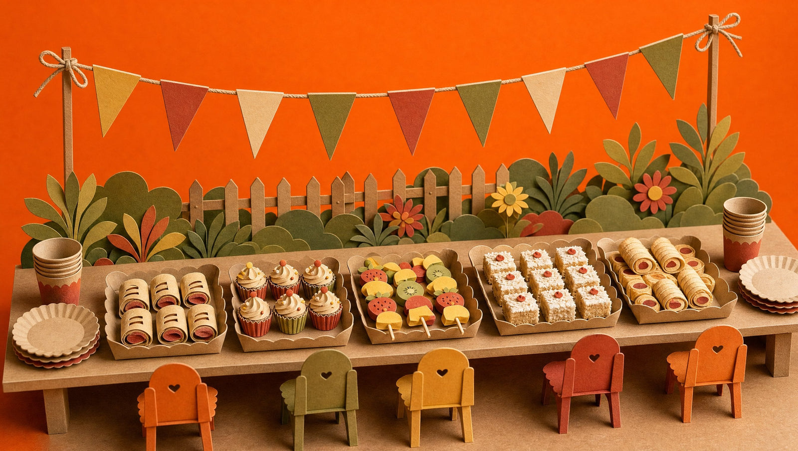 A long low backyard party table laid with kraft trays of bite-sized finger food under paper bunting for a toddler birthday