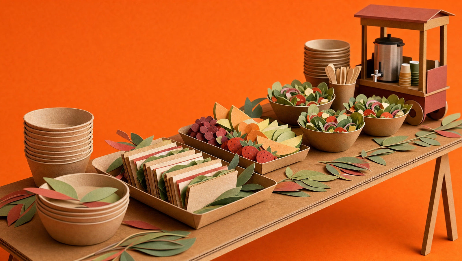 A long catering table of kraft trays of sandwiches, fruit and salad bowls with a coffee cart at one end, 3D papercraft illustration